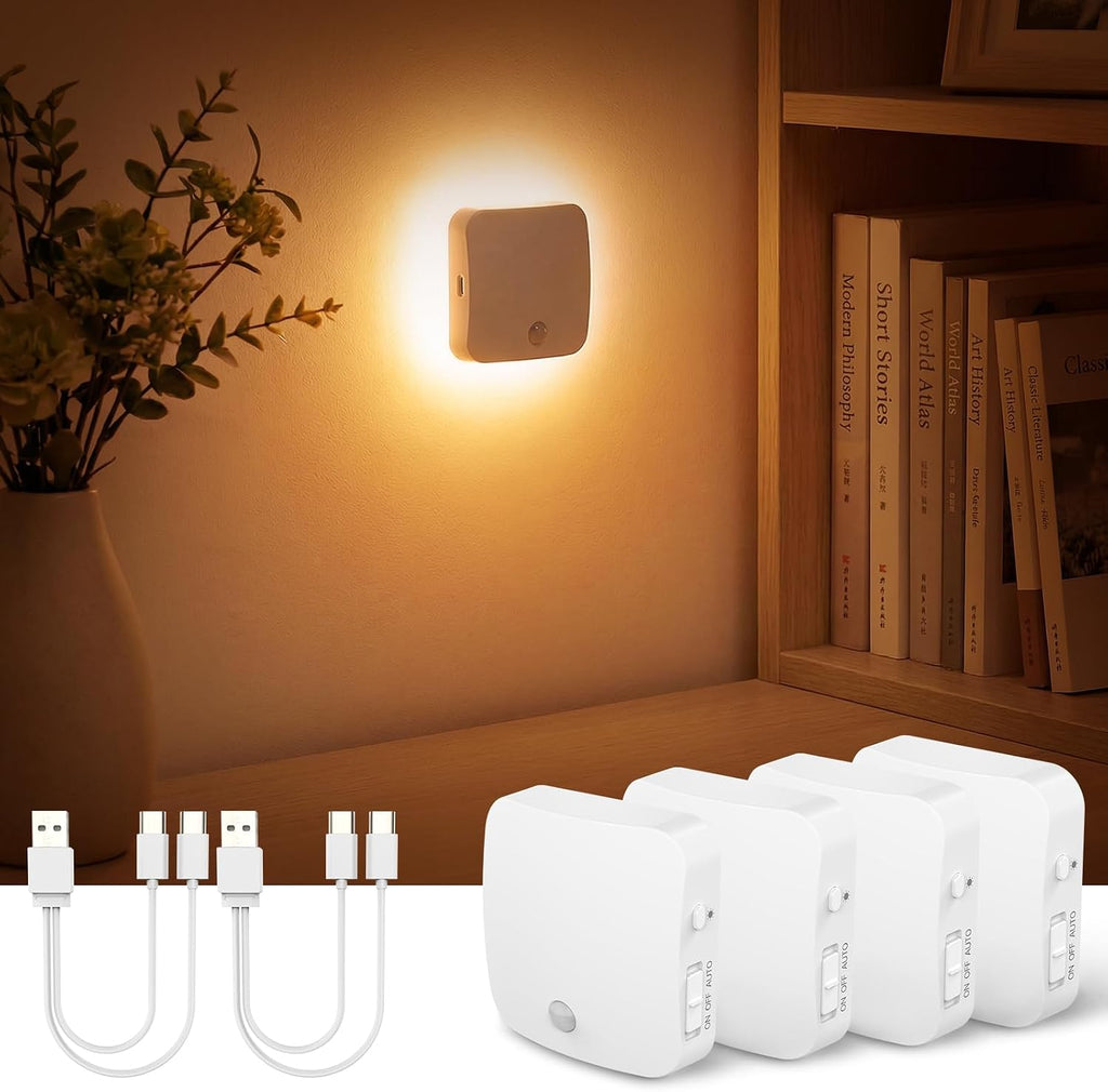 Rechargeable Night Light Backlit, Amber Motion Sensor Light Indoor, 4 Pack