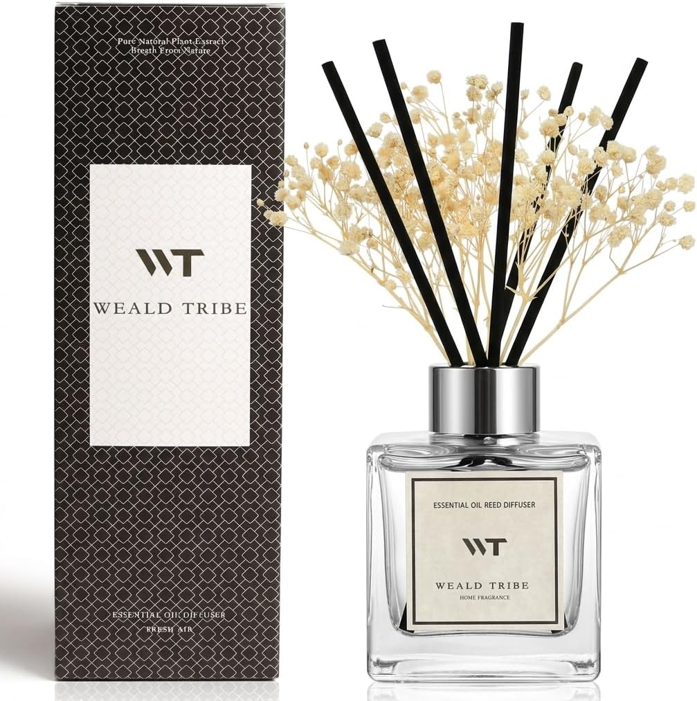 WEALD TRIBE Reed Diffuser Set Pure Cotton Scent for Bathroom Air Fresheners with Real Flower, Oil Diffuser Stick | 5.1 fl oz Home Fragrance with Sticks Defusers | House Bedroom Office Shelf Decor