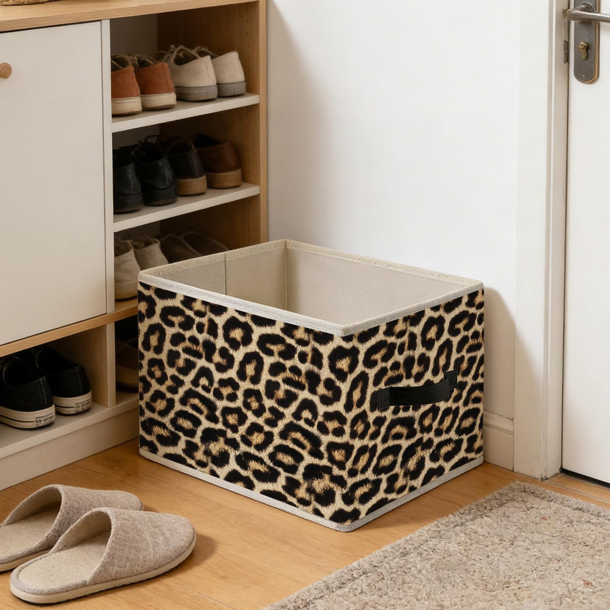 Trendy Leopard Cheetah Print Storage Bins, Funky Girly Y2K Wild Animal Cheetah Print Foldable Closet Organizers Storage Basket Toybox for Girls Room Bedroom Bathroom Clothes Toys Books