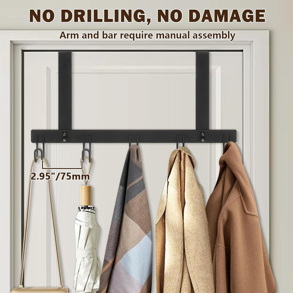 Over the Door Hooks, No Drill Door Towels Hanger, Metal Hanging Towel Holder with 5 Coat Hooks for Bathroom, Bedroom, Kitchen (Matte Black)