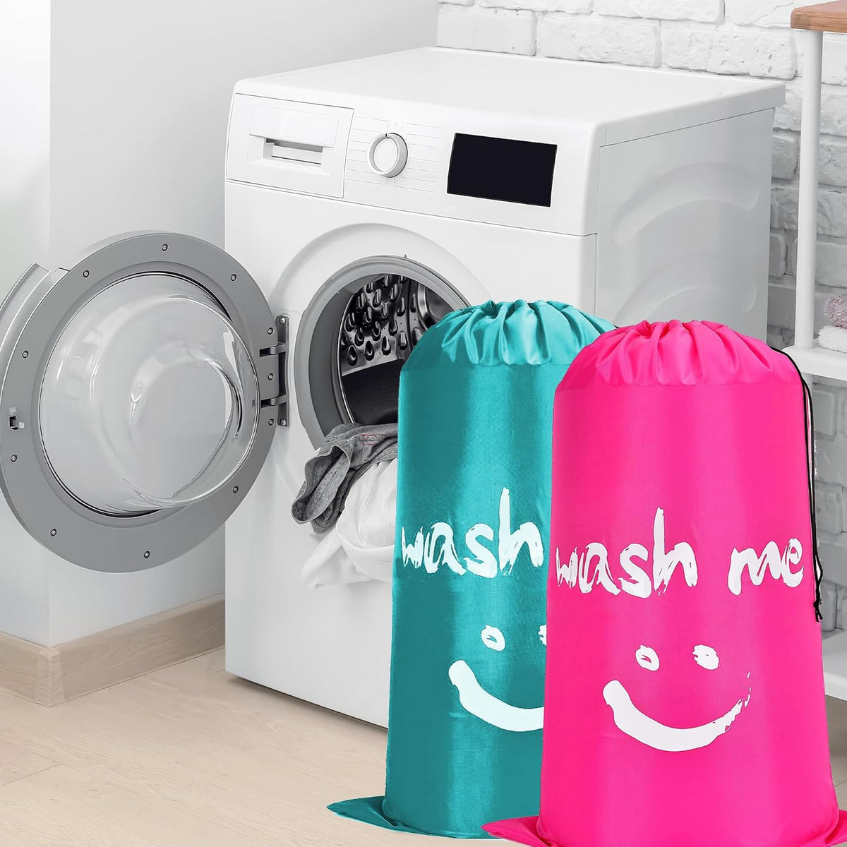 4 Piece Drawstring Travel Laundry Bag, Large Laundry Bag, Men's and Women's Dirty Laundry Travel and Gym Bag, Waterproof Wetproof Bag，Smiley Face