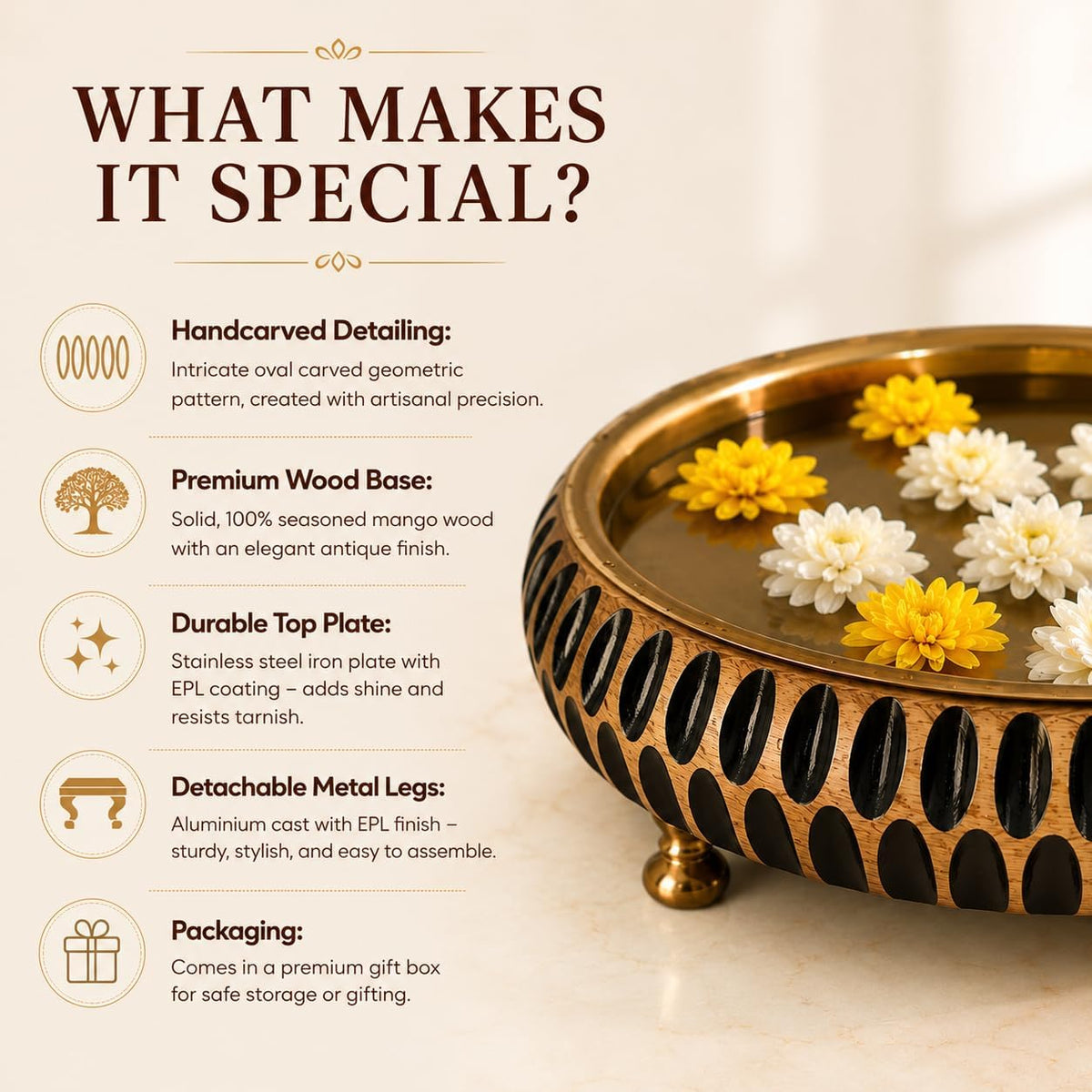 RITUALISTIC Aavrit Wooden Urli | Urli for Flower Decoration | Wooden Urli Bowl for Home Decorations | Kitchen Décor | Bowl for Decoration | Perfect for Festive Occasion | 11.5 Inches