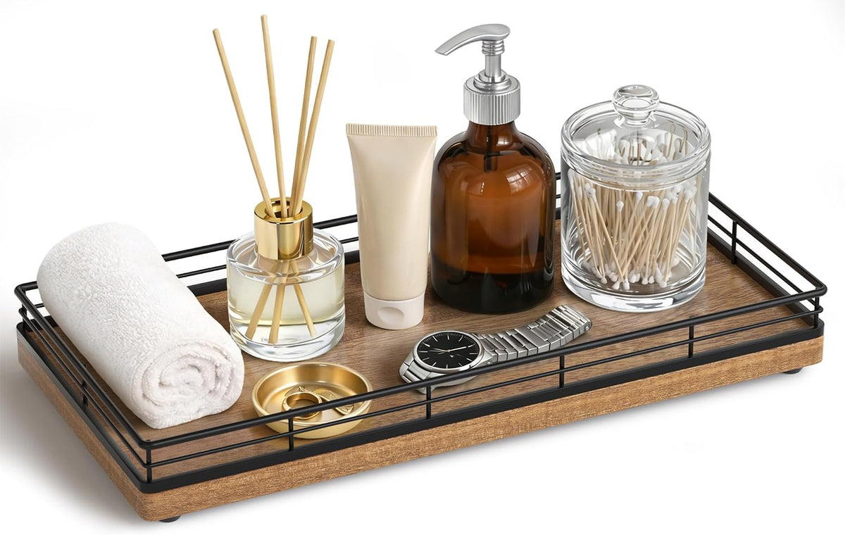 Bathroom Vanity Tray for Countertop, 12" x 6" Acacia Wood Toilet Tank Tray