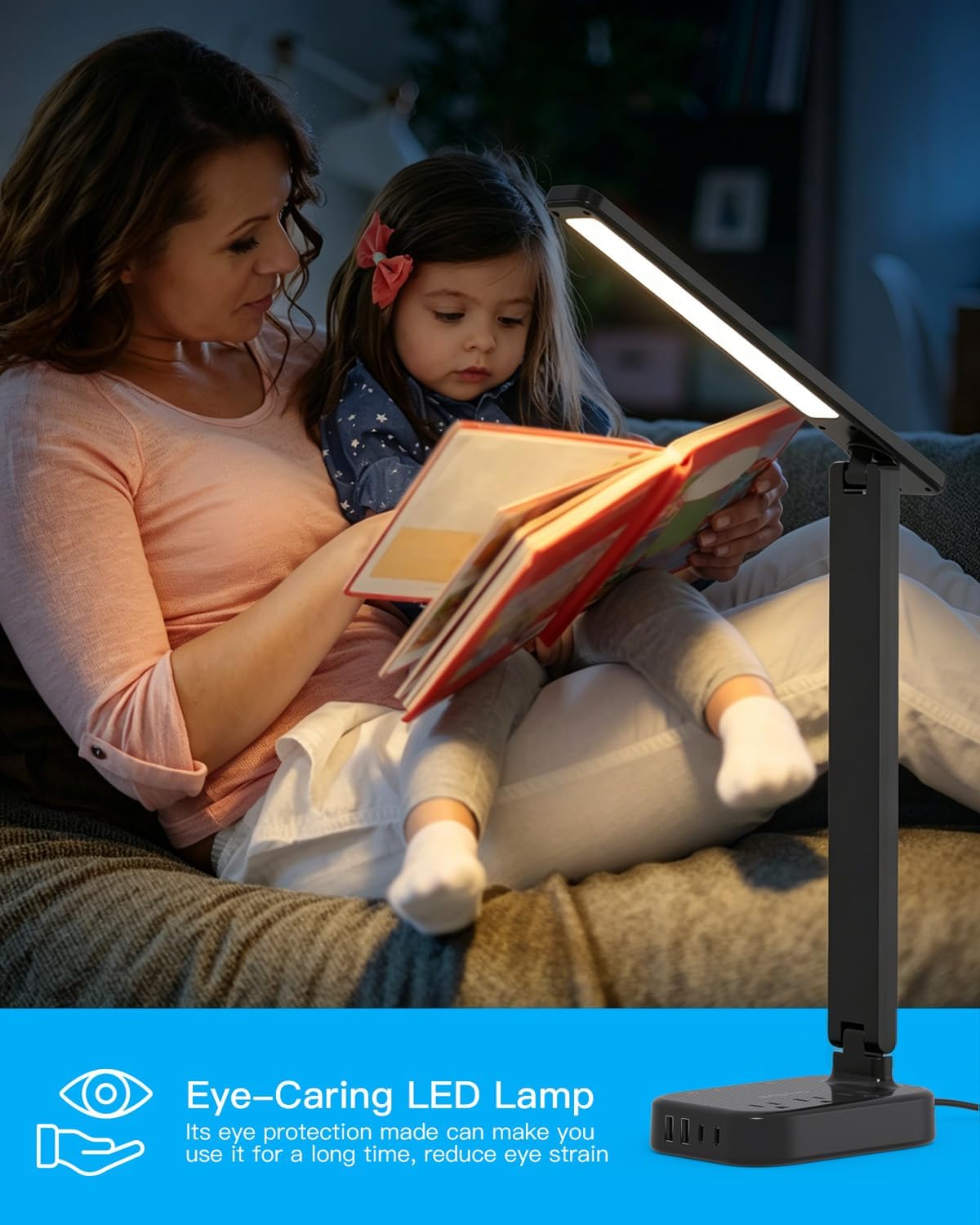 LED Desk Lamp, 10Ft Power Strip with 3 Outlets 4 USB Ports(2 USB C), Black