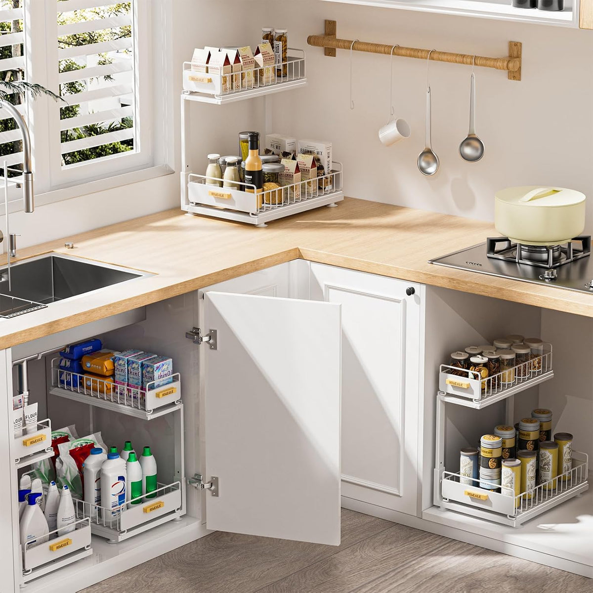 Under Sink Organizer, High Adjustable 2 Tier Under Kitchen Sink Organizer, Multi-Purpose Storage Shelf for Kitchen Bathroom Cabinet, White