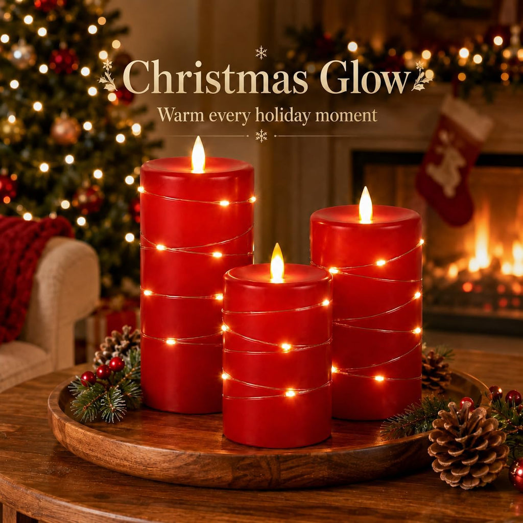 3 Pack Red Real Wax Flameless Taper Candles, Realistic Flickering LED Candles with Surrounding Fairy String Lights, Soft Warm Battery Candle Lights with Remote for Holiday Wedding Indoor Outdoor Decor