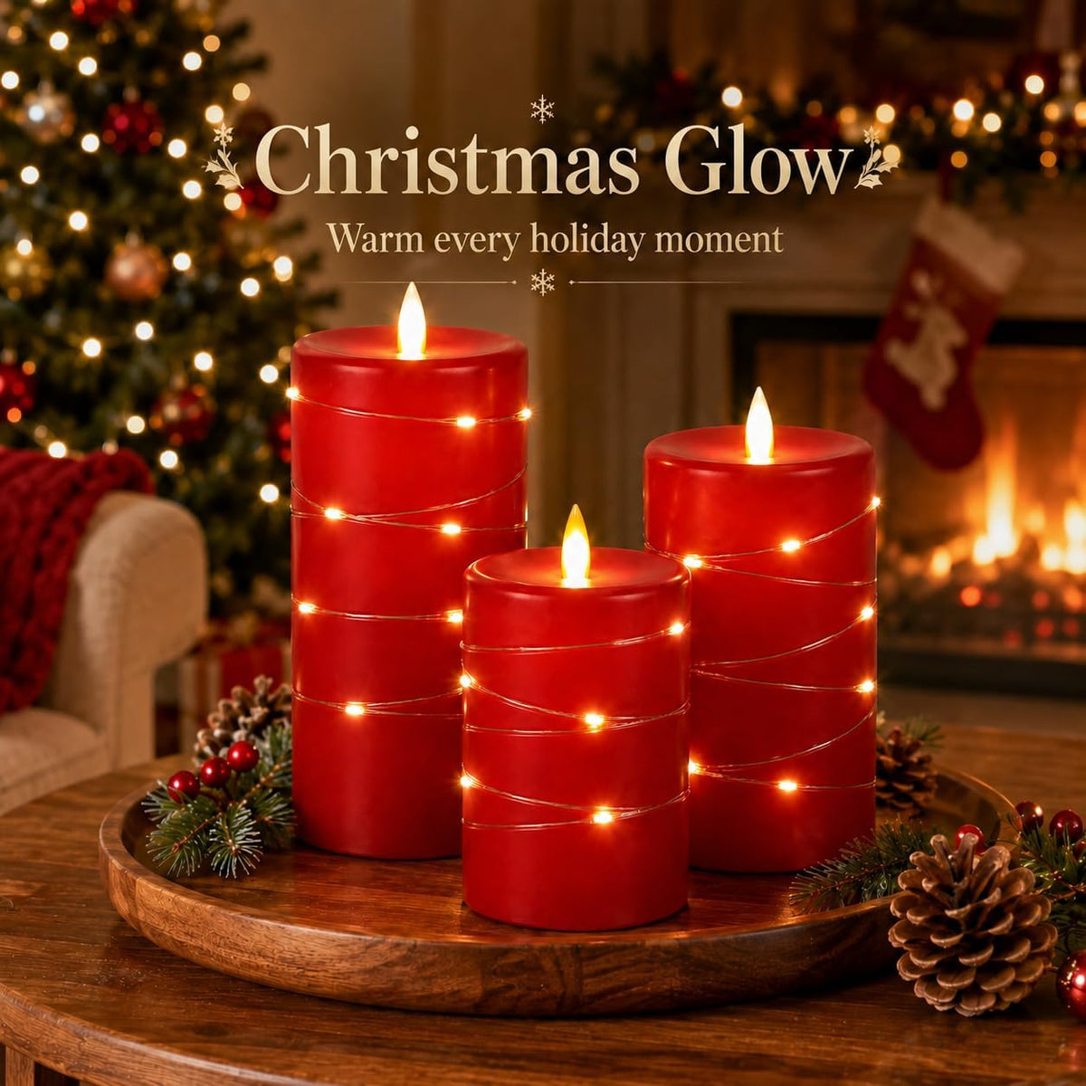 3 Pack Red Real Wax Flameless Taper Candles, Realistic Flickering LED Candles with Surrounding Fairy String Lights, Soft Warm Battery Candle Lights with Remote for Holiday Wedding Indoor Outdoor Decor