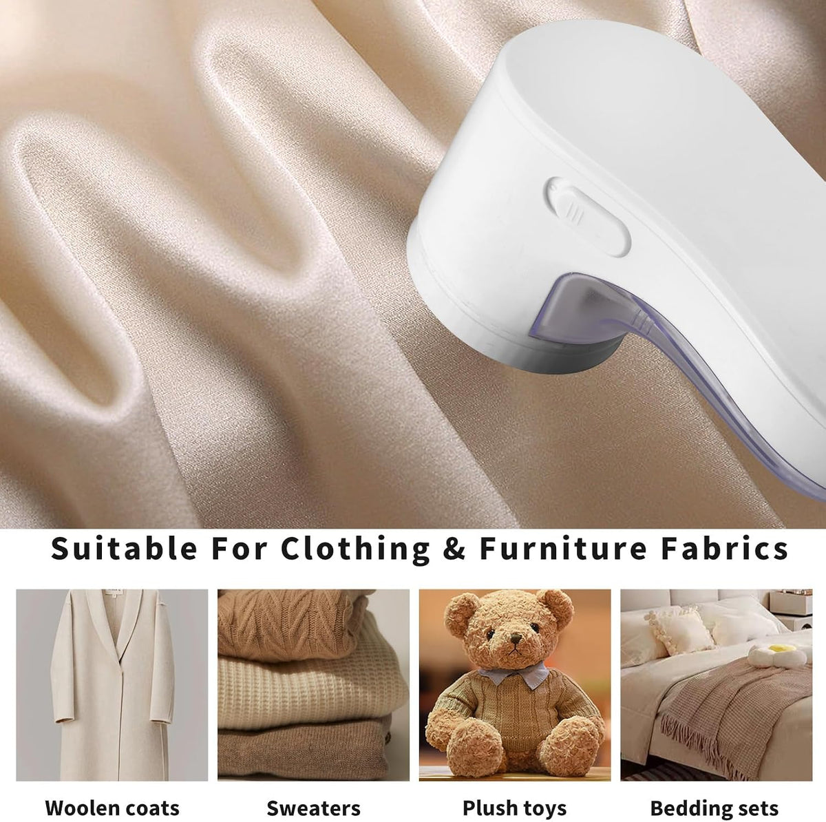Rechargeable Fabric Shaver, Lint Remover for Clothes & Furniture, 3-Leaf Blades, Safety Lock, Pilling Remover Depiller for Fuzz, Lint, Pills, Bobbles (White, Battery Operated)