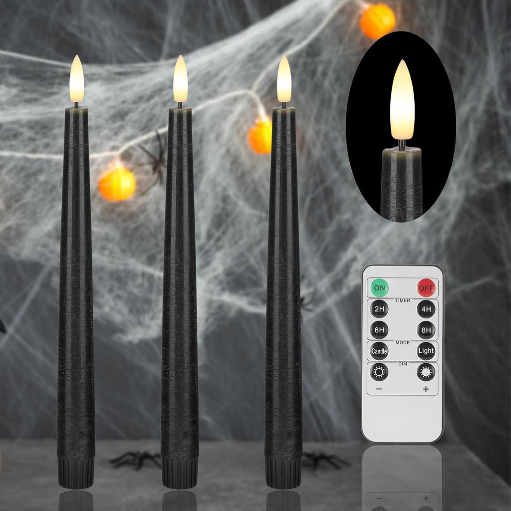 Black Flameless Candles with Remote, Halloween Taper Candles Decor, 3 Pack