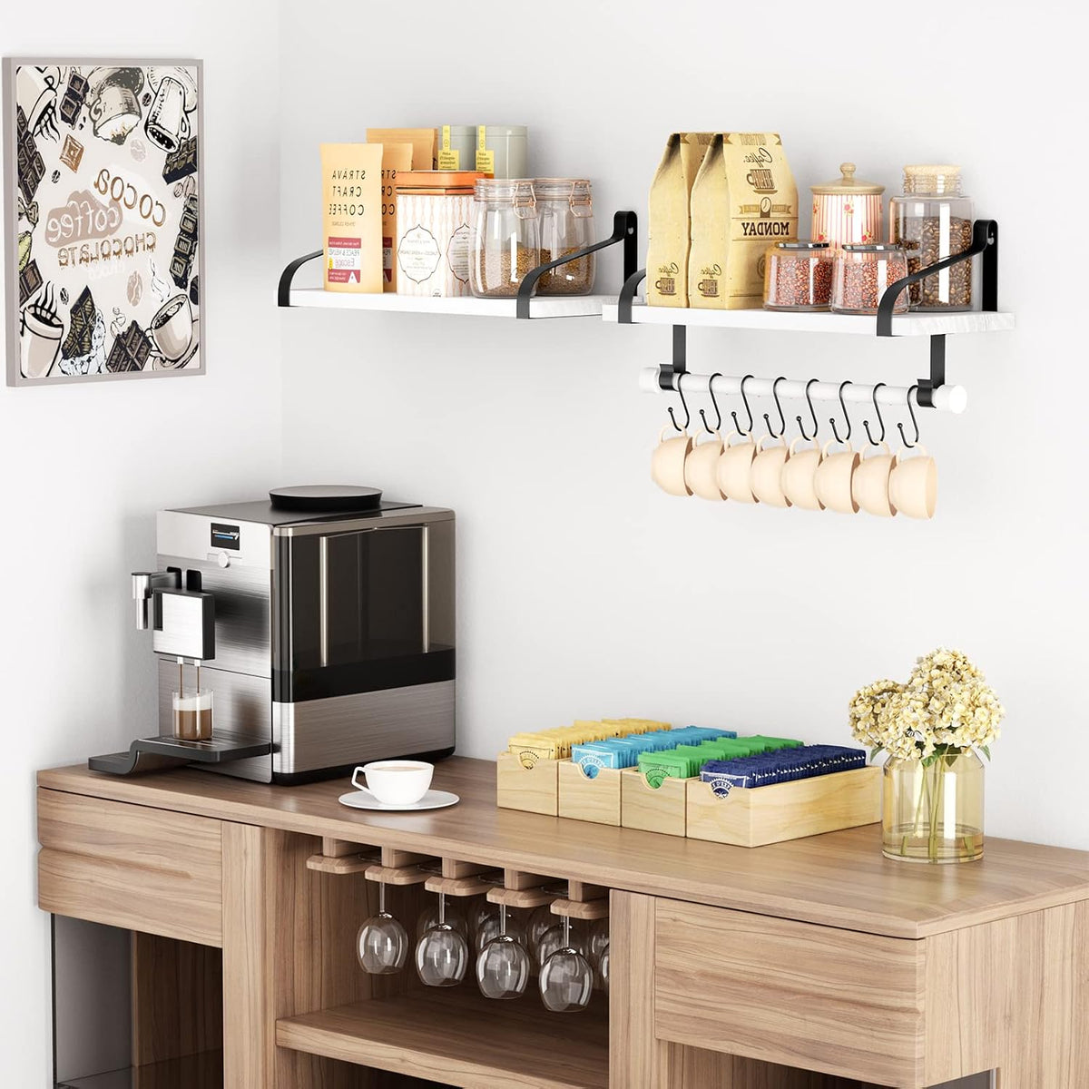 Love-KANKEI 17.3"Floating Wall Shelves Set of 2,Solid Wood,Coffee Bar,White
