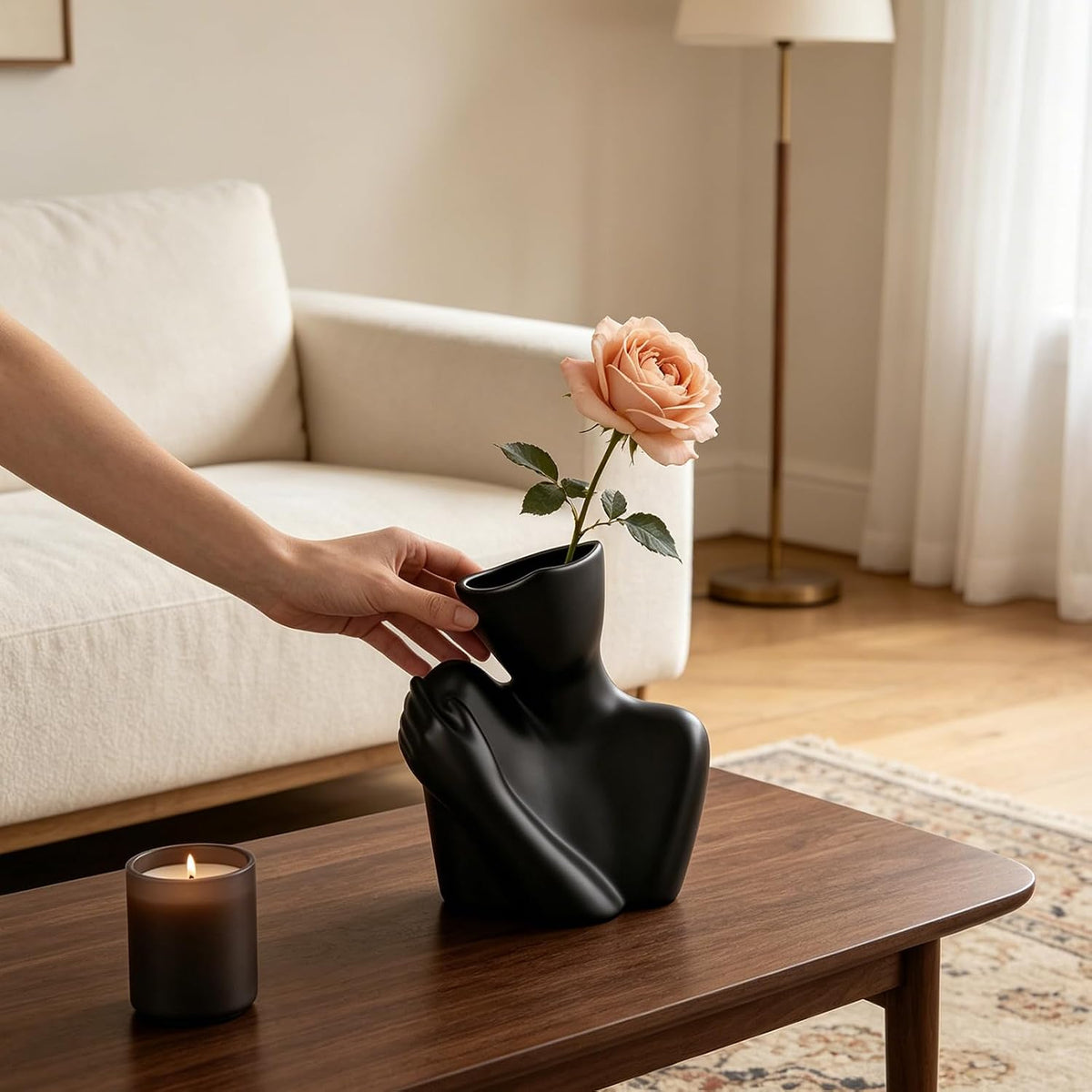 Ceramic Body Vase, Female Form Half Body Vase, Modern Minimalist Boho，Decorative Vase for Living Room, Bedroom, Shelf, Dining Table, Bathroom & Office, (Black Shoulder-Grazing Style)