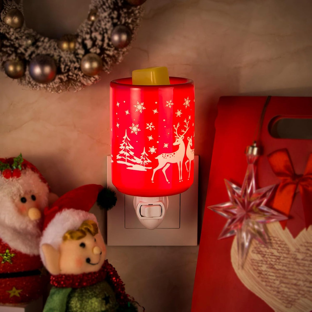 STAR MOON Pluggable Fragrance Ceramic Wax Melt Night Light Warmer for Christmas Decoration No fire Hazard Packed with Two Bulbs - Abrasive Red Reindeer