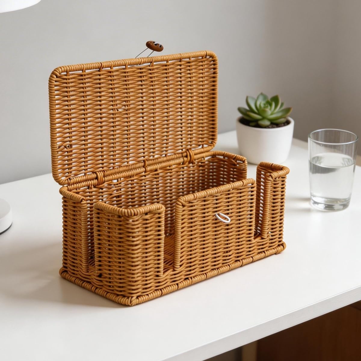 Rattan Cable Management Box, Woven Cord Organizer and Cord Hider with Lid to Hide Power Strips, Aesthetic Wire Hider for Home Office Desk, 13" x 5.91" x 5.12"