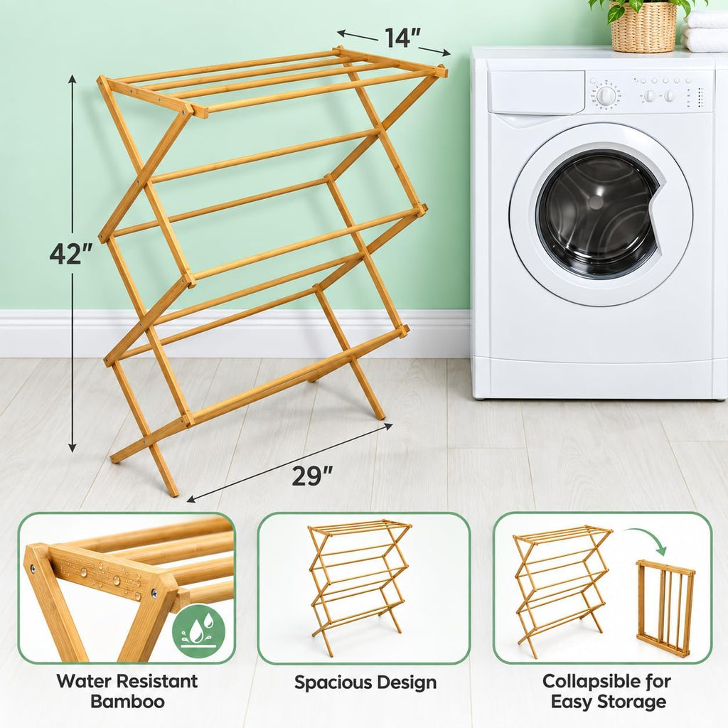 BROOKSTONE, Eco-Friendly Bamboo Drying Rack, Collapsible Laundry Clothes Hanger, 10 Hanging Bars, Minimalist Space Saving Design