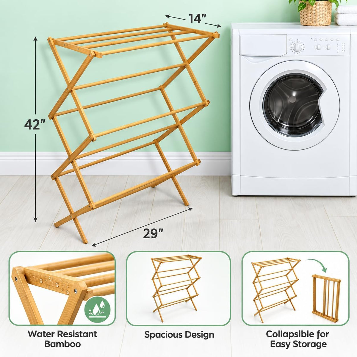 BROOKSTONE, Eco-Friendly Bamboo Drying Rack, Collapsible Laundry Clothes Hanger, 10 Hanging Bars, Minimalist Space Saving Design