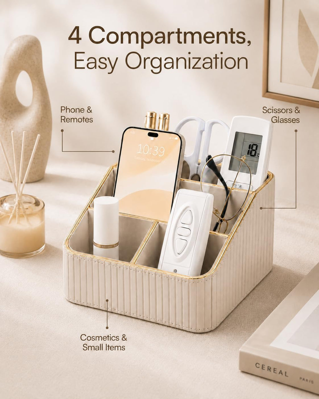 KINGFOM PU Leather Remote Control Holder, 4 Compartment Nightstand Organizer with Gold Trim, Small Desk Organizer for Office Supplies, Phone, Glasses, Pens, Bedside Table, Living Room Decor Beige