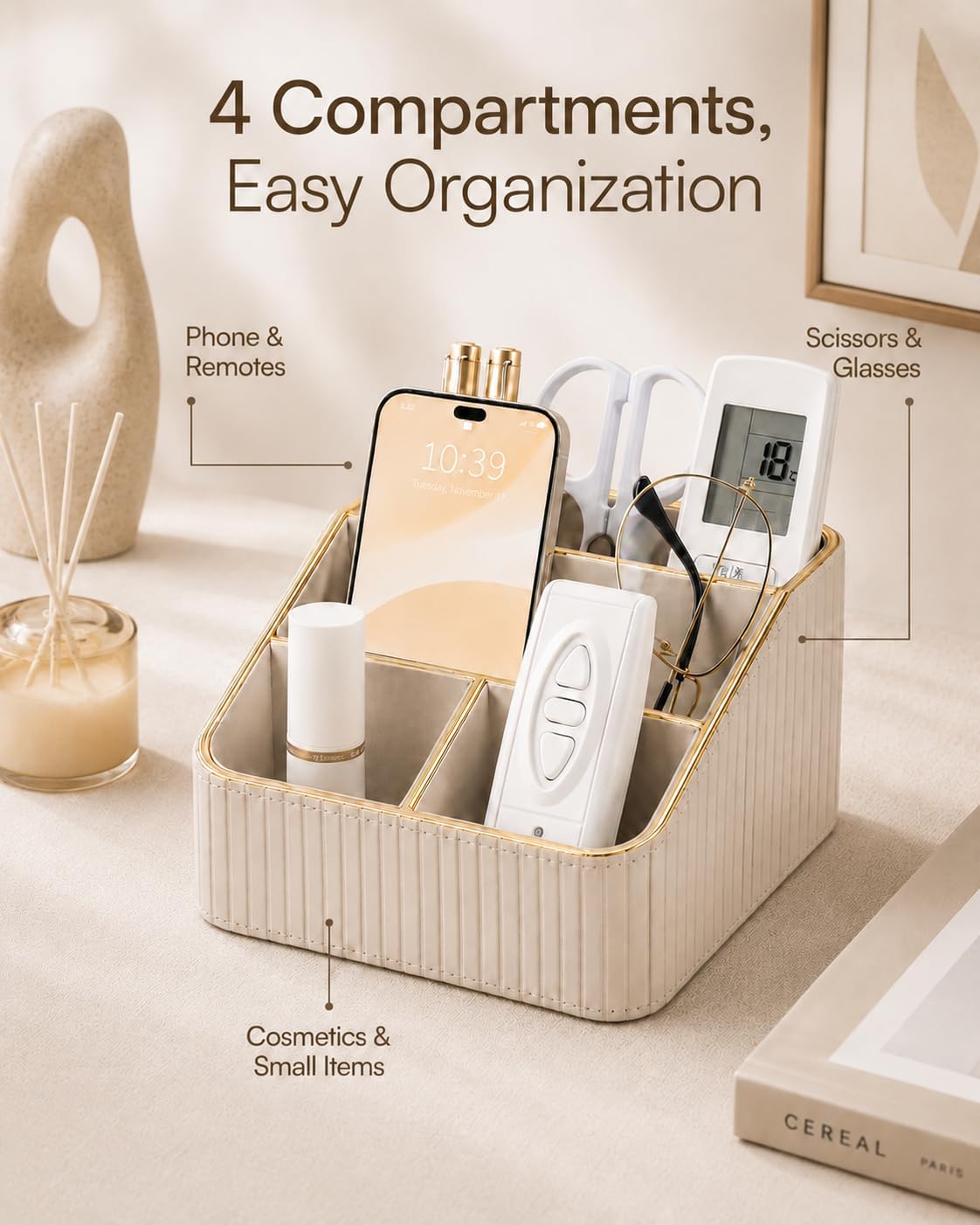 KINGFOM PU Leather Remote Control Holder, 4 Compartment Nightstand Organizer with Gold Trim, Small Desk Organizer for Office Supplies, Phone, Glasses, Pens, Bedside Table, Living Room Decor Beige
