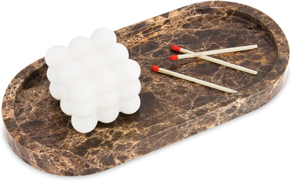 Oval Marble Bathroom Vanity Tray, Dark Brown, 10" x 5" x 0.6"