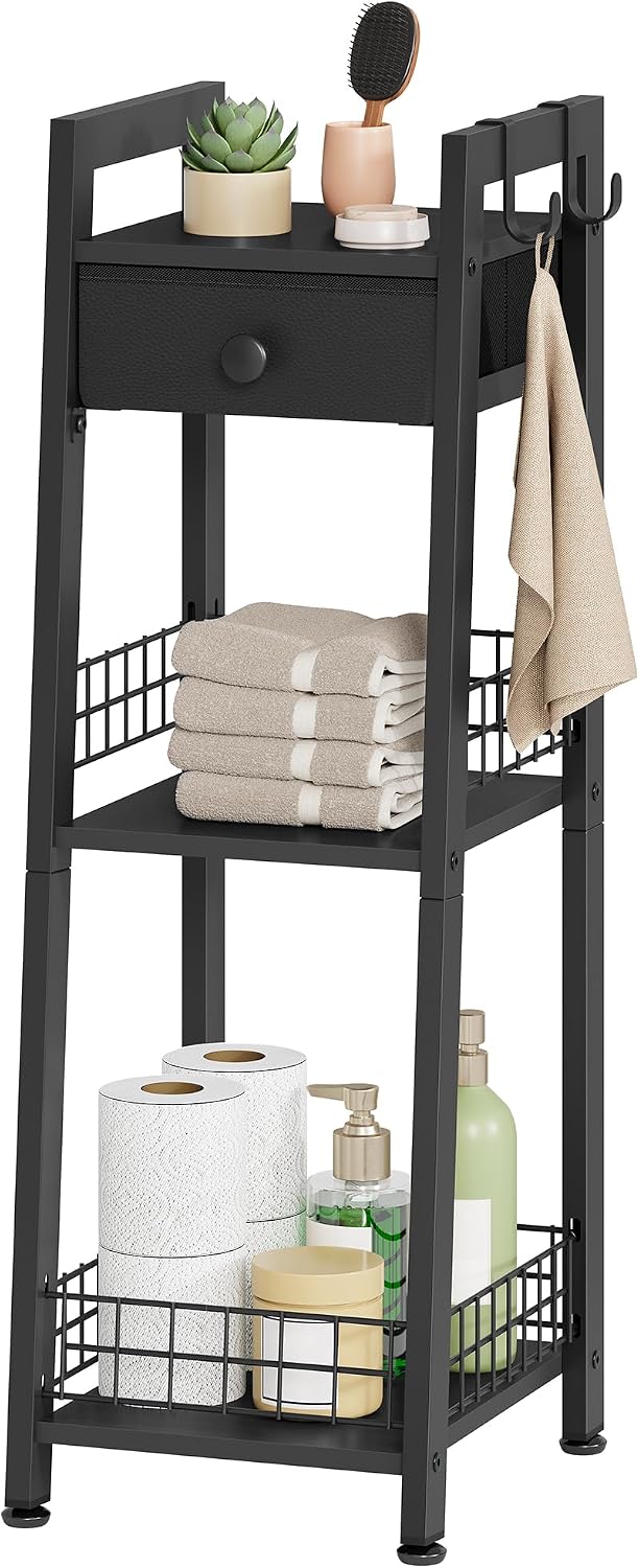 Gewudraw 3-Tier Narrow Bathroom Ladder Shelf with Storage Drawer, Black