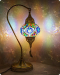 Yarra-Decor Turkish Moroccan Mosaic Table Lamp with Bronze Base - 3 Color Options Handmade Swan Neck Tiffany Mosaic Glass Bedside Lamps for Bedroom, 19" Blue1(LED Bulb Included)