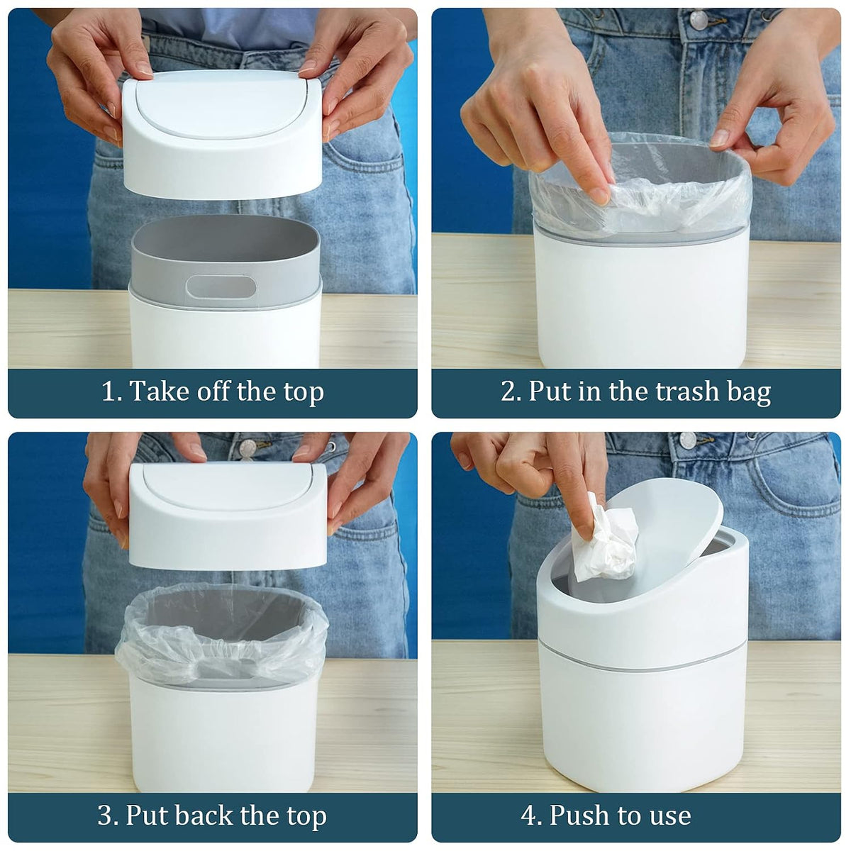 Mini Desk Trash Can with Swing Lid, 0.5gal, Includes 180 Bags, White