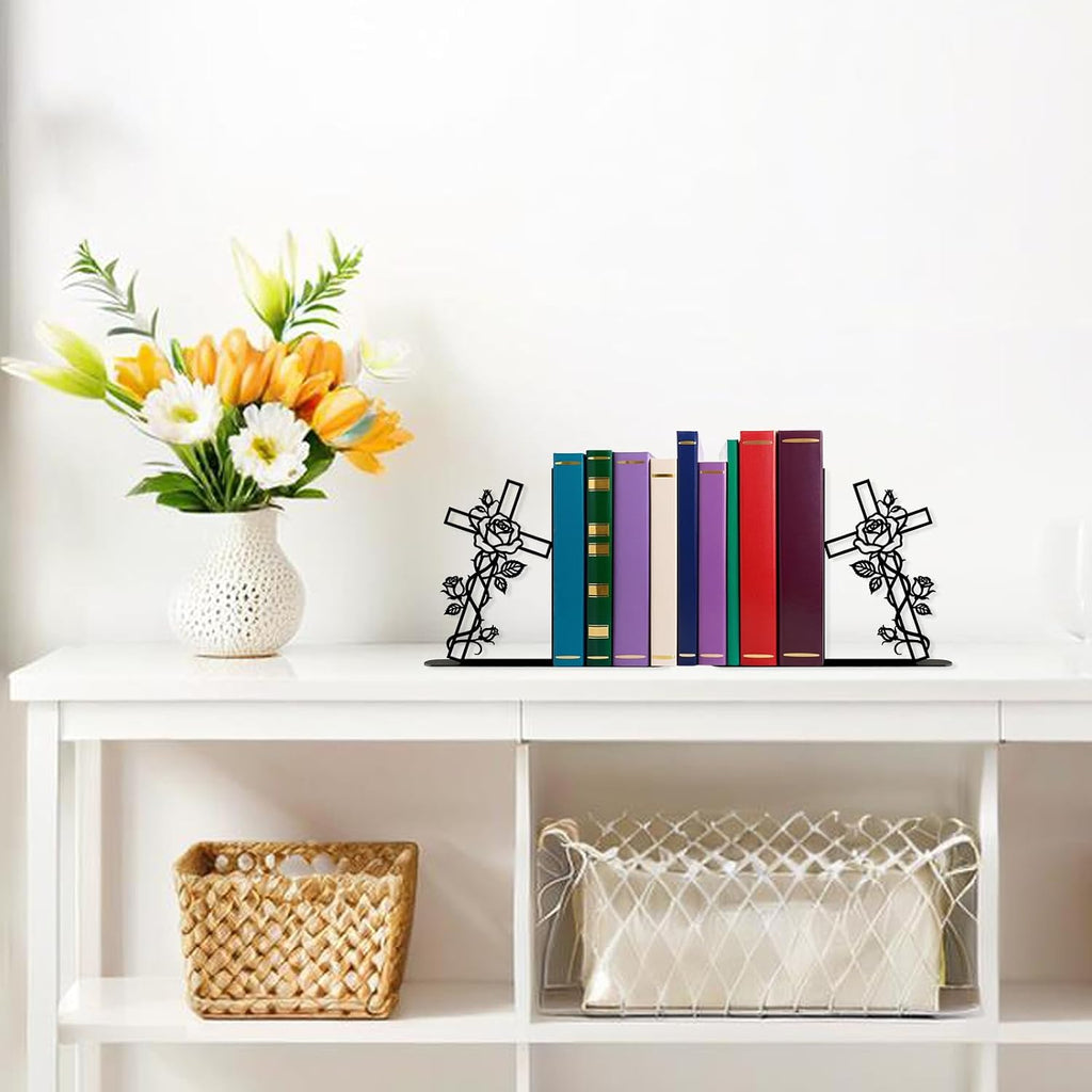 Metal Decorative Bookends Christian Cross Rose Book Ends for Shelves Faith Home Office Library Desk Decor Christian Gift for Book Lovers(Floral Cross)