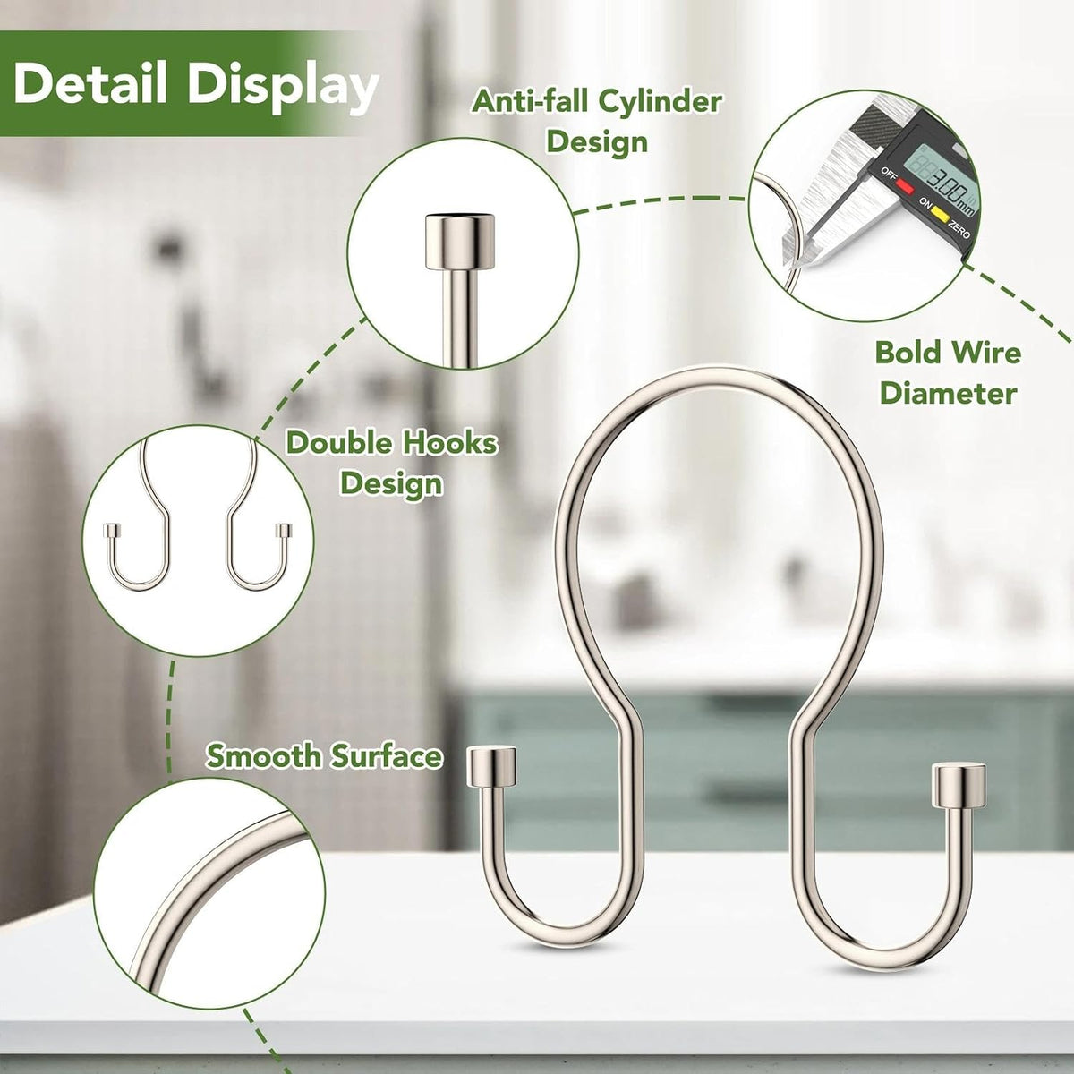 Goowin 24 Pack Shower Curtain Hooks, Simple Shower Curtain Rings, Sturdy Shower Curtain Hangers, Double Hook Shower Curtain Hooks, Smooth Gliding Metal Shower Hooks for Shower Curtain, Nickel