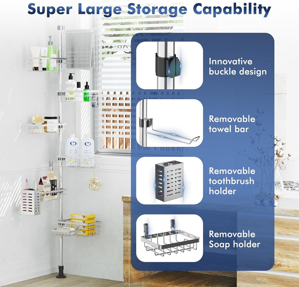 Shower Caddy Corner Tension Pole,Stainless Steel Shelves Bathroom Organizer