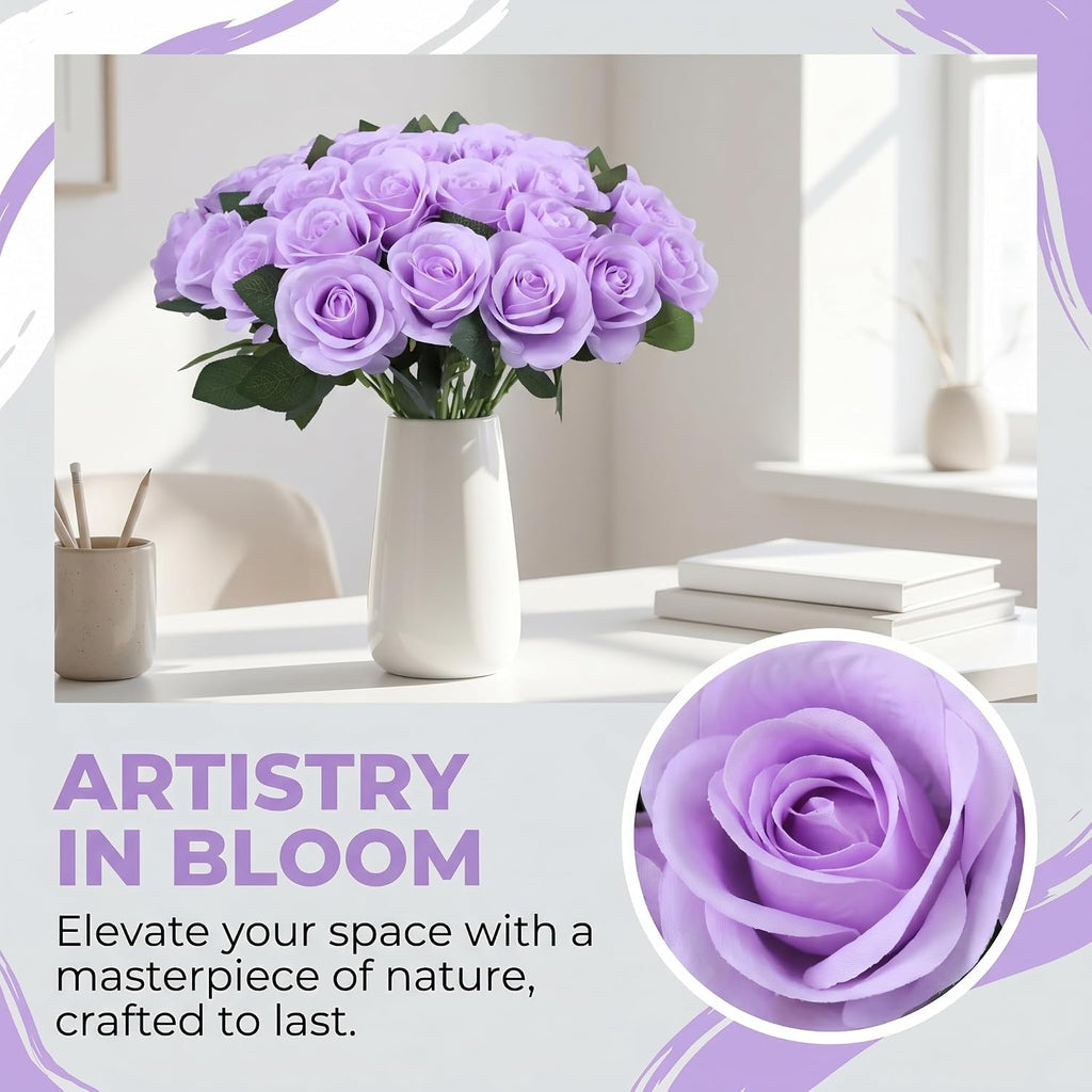 52pcs Lavender Roses Artificial Flowers Fake Flowers Silk Roses with Stems for DIY Wedding Bouquets Bridal Shower Centerpieces Arrangements Party Decorations