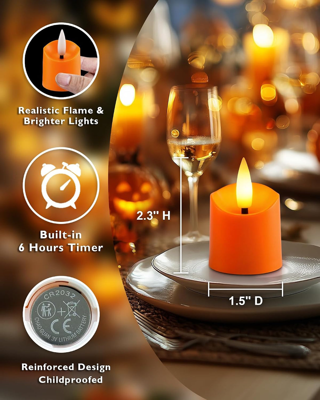Homemory 12Pack Timer Flameless LED Votive Candles, Long Lasting Battery Operated Tealight, for Halloween Decorations, Theme Party, Thanksgiving Day-Orange Base