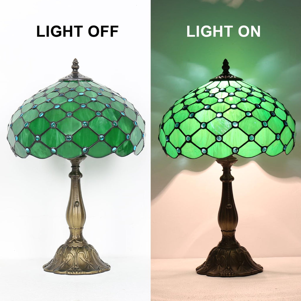 Stained Glass Table Lamp, Green Pearl Style, 12X12X19 Inch