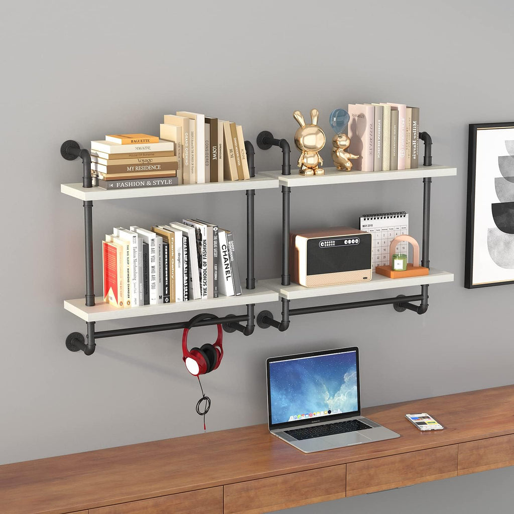 Helsin 24inch Industrial Pipe Shelving Bathroom Shelves Wall Mounted with Towel bar, 2 Tier Rustic Wood Floating Shelf, Metal Towel Rack Wall Shelf for Home & Bathroom (White, 24inch)