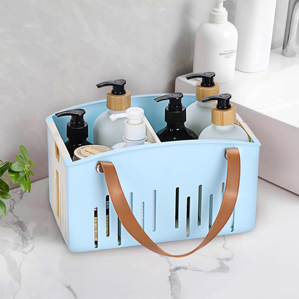 Portable Shower Caddy Collapsible Plastic Shower Basket Tote with Handles Removable Divider, Cleaning Caddy Storage Organizer for Bathroom College Dorm (Blue)