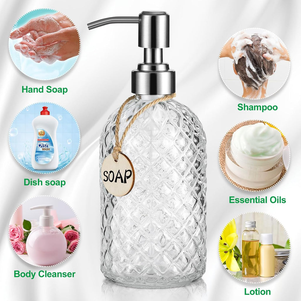 MOCLIF 16 OZ Clear Soap Dispenser with 304 Rustproof Stainless Steel Pump Bathroom Kitchen,Refillable Liquid Glass for Hand Soap, Dish Soap, Lotion(Clear)