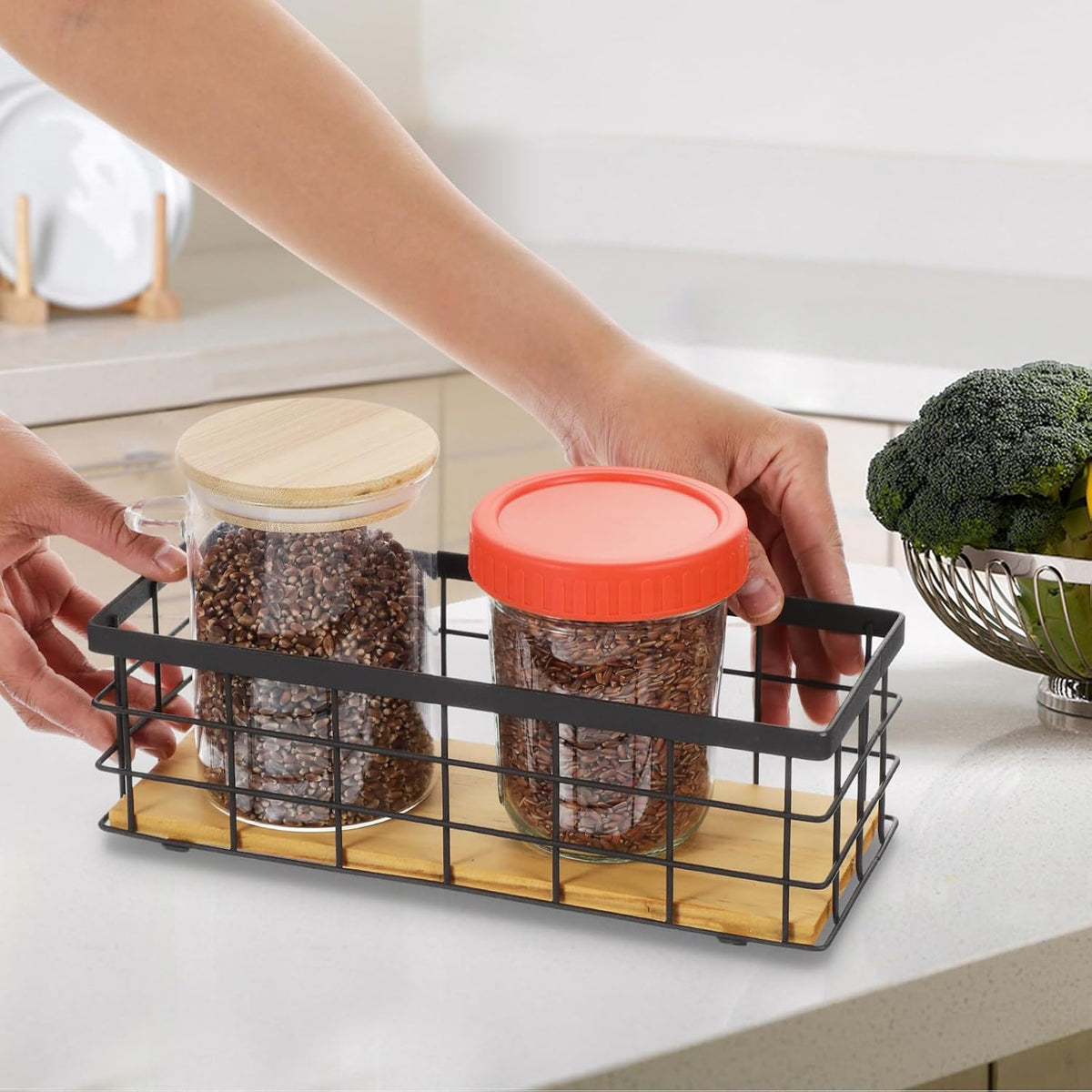 Set of 2 Small Wire Baskets, Narrow Black Metal Storage Bins for Bathroom Counter & Kitchen, Farmhouse Rustic Organizer Trays for Pantry, Office, RV, Countertop Decoration