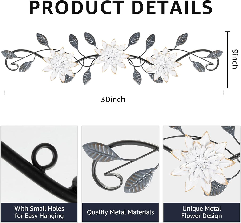 KHJCXS Metal Wall Art Modern Minimalist Metal Flowers Indoor Decor Horizontal Wall Art Iron Artwork,for Over Door,Bedroom,Living Room,Kitchen,Office Scroll Decor (White3)