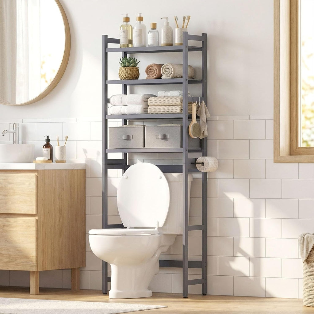 Homde Bathroom Over Toilet Storage Rack: Adjustable 4-Tier Bamboo (Grey)