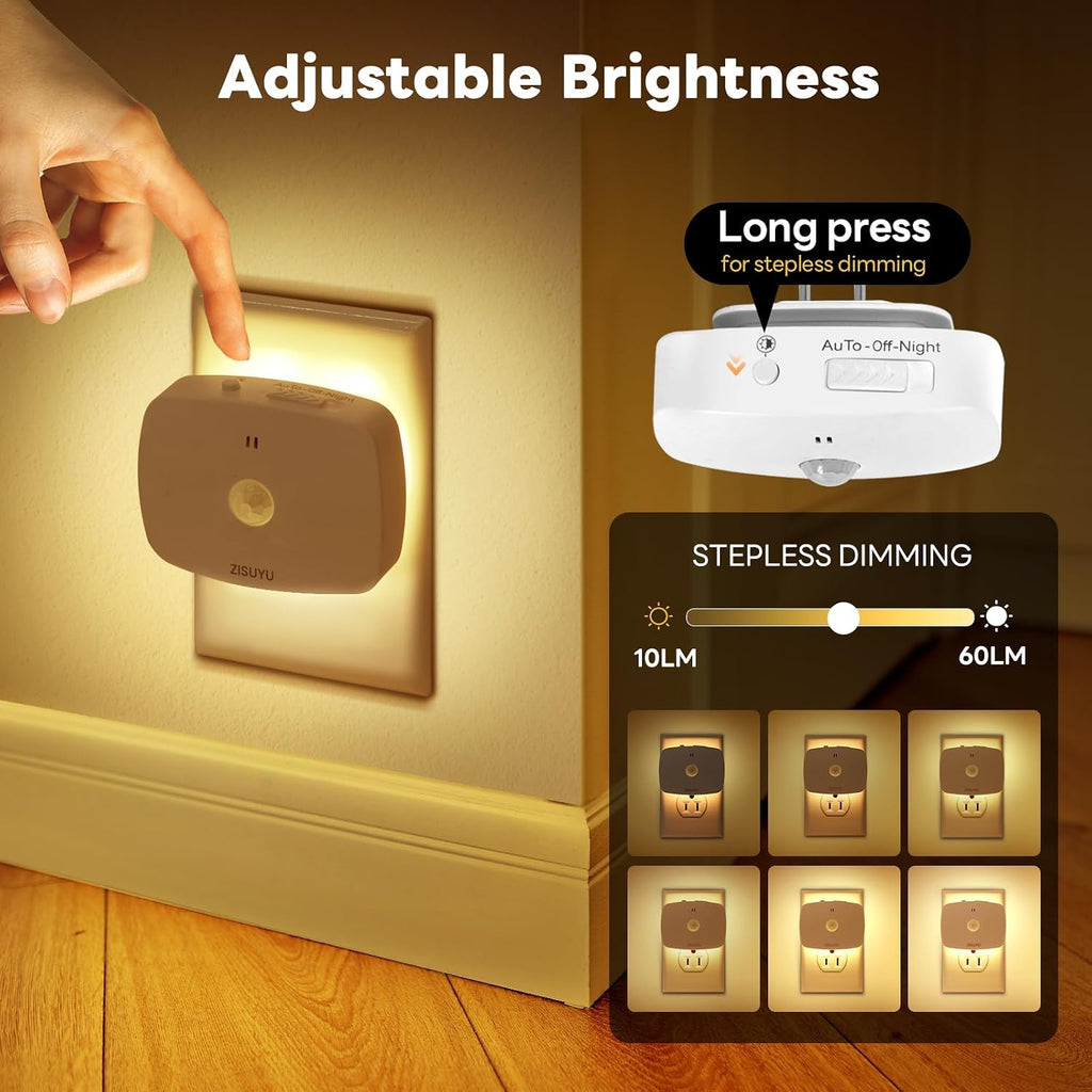 ZISUYU Plug-in LED Backlit Night Light with Motion Sensor & Dusk to Dawn Sensor, 10-60lm Dimmable Nightlight with Multi-Mode & Color-Changing, Ideal for Bedroom, Bathroom, Stairs, Hallway (6 Pack)