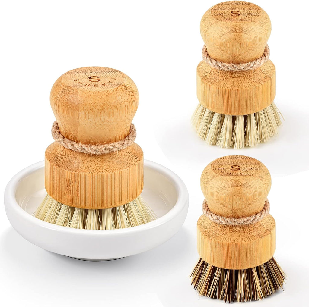 SUBEKYU Bamboo Dish Scrub Brush,Produce Brush,3 Pack with Ceramic Holder