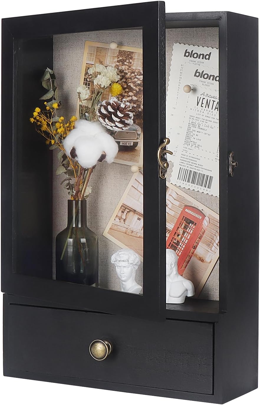 Butizone Shadow Box Frame, 3.2” Deep Shadow Box Display Case with Real Glass and Drawer, Rustic Wood Memory Boxes for Pictures, Flowers, Memorial, Medals, Wedding Bouquet for Wall or Tabletop, Black
