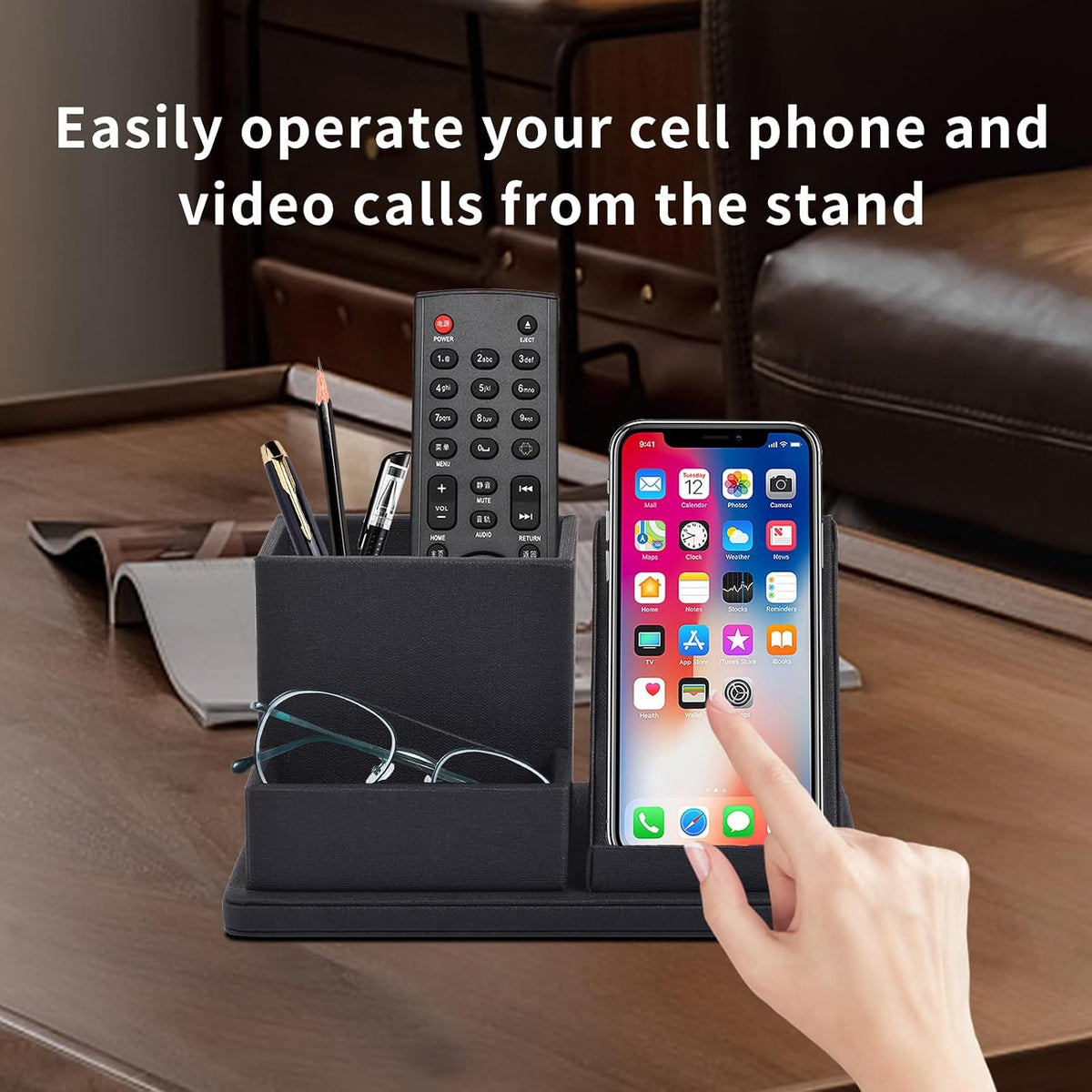 Pu Leather Desk Pen/Pencil Organizer Multi-Function Cell Phone/Remote Control Storage Box with 3 Compartments Office Supplies Sticky Note Tray Business Cards Holder,Black