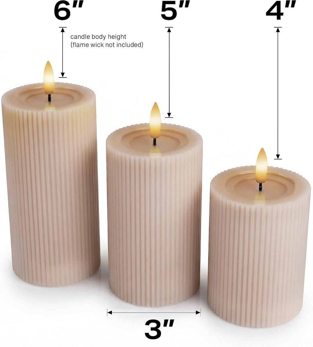 Fluted Ribbed LED Pillar Candles, Blush Beige, with Realistic Reflective Melted-Wax Effect – Flickering Flame, Remote, Dimmable, Flameless, Battery Operated, Home & Wedding Decor (Set of 3)
