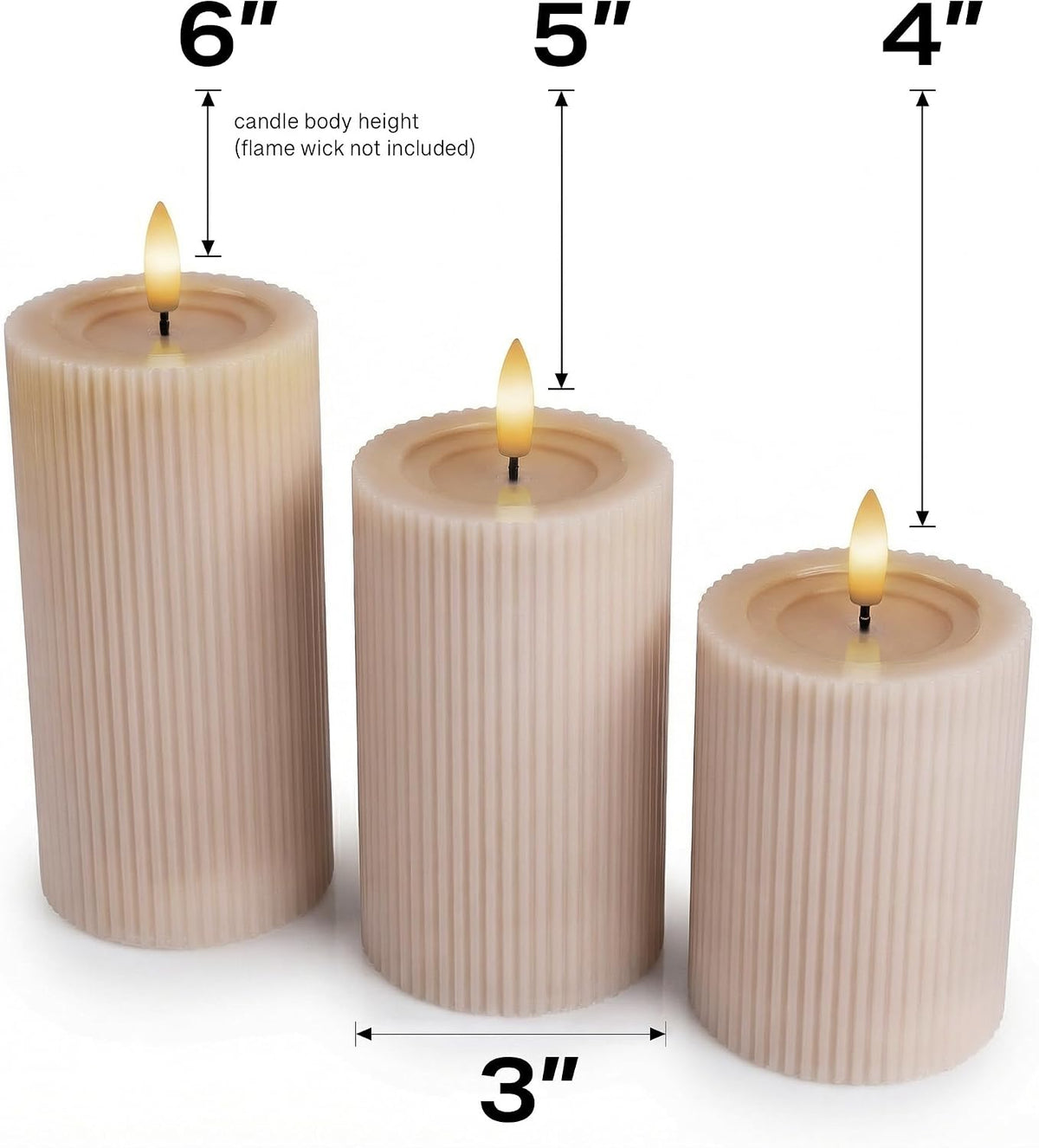 Fluted Ribbed LED Pillar Candles, Blush Beige, with Realistic Reflective Melted-Wax Effect – Flickering Flame, Remote, Dimmable, Flameless, Battery Operated, Home & Wedding Decor (Set of 3)