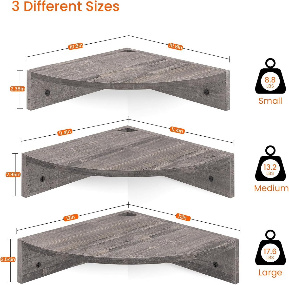 Homode Corner Floating Shelves, Set of 3 Corner Wall Shelves for Storage and Display, 3 Tier Wood Hanging Shelf Organizer for Cable Box, for Bedroom, Bathroom, Kitchen, Rustic Grey