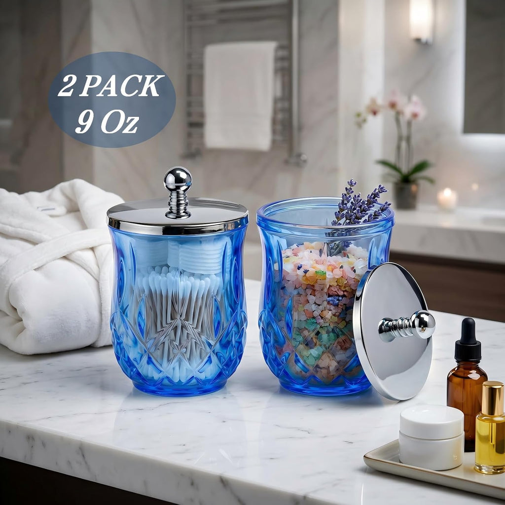 2 Pack 10Oz Blue Q-Tip Holder, Round Thick Glass