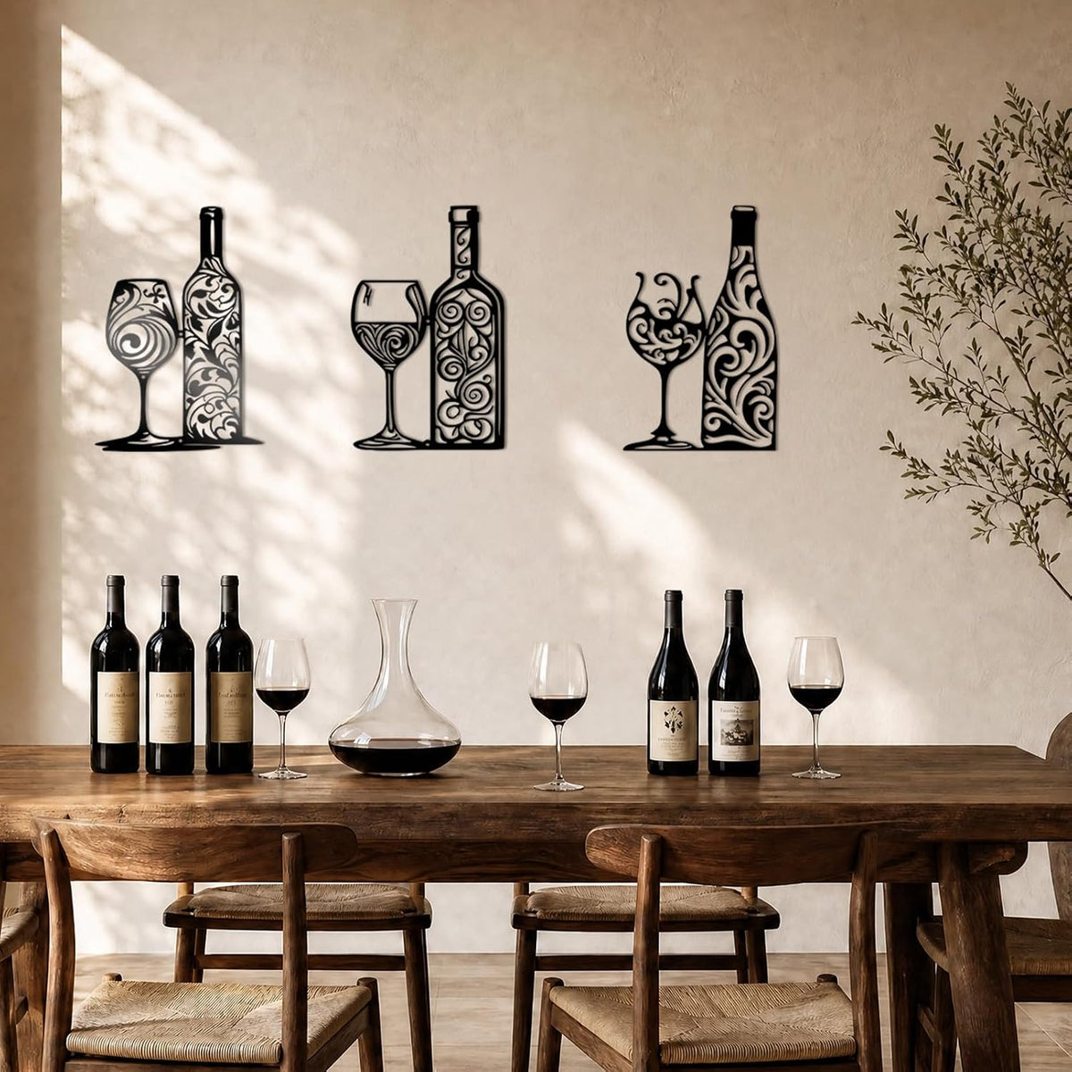 Otoolling 3 Pcs Wine Wall Art Black Metal Wine Sign 3 Style, Filigree