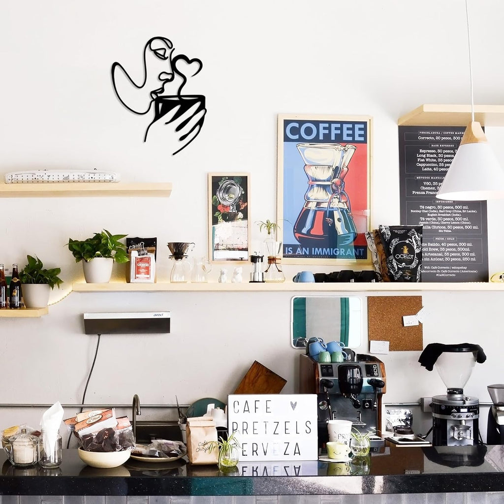 Oubasa Metal Wall Art Decor - 3D Black Metal Coffee Wall Art Bar Sign Decor, Woman Drinking Coffees Sculptures, Minimalist Wall Art for Kitchen Home Office Living Room Bedroom