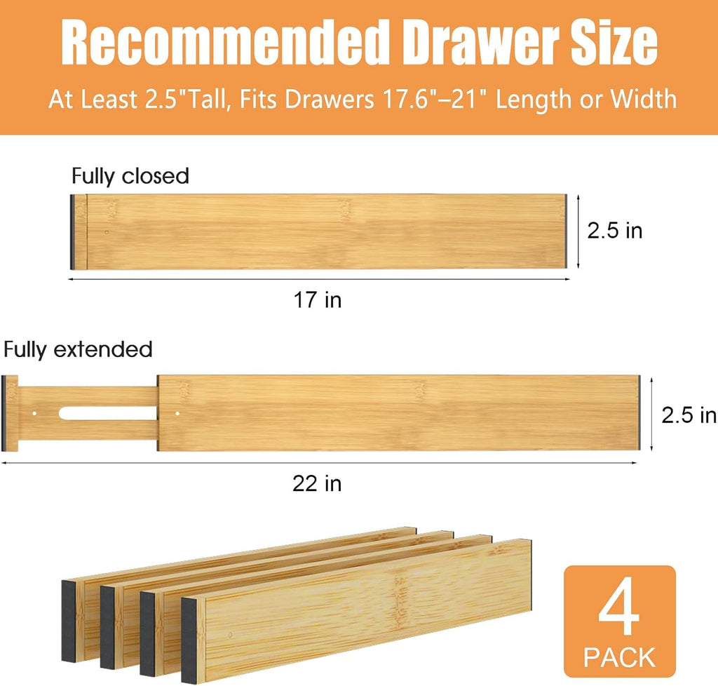 Bamboo Drawer Dividers, Adjustable Drawer Organizers, Fits 17.6–21" Drawers