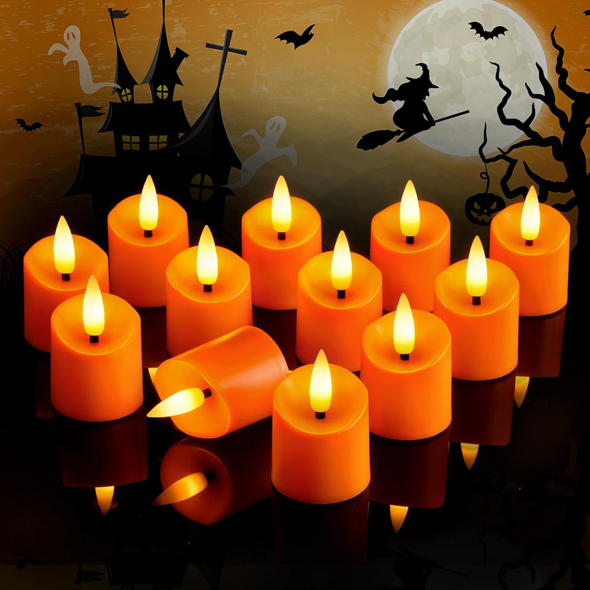Homemory 12Pack Timer Flameless LED Votive Candles, Long Lasting Battery Operated Tealight, for Halloween Decorations, Theme Party, Thanksgiving Day-Orange Base