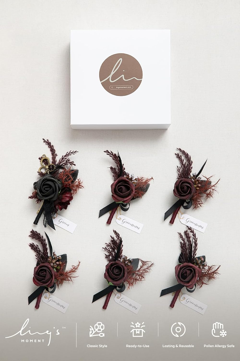 Ling's Moment Boutonniere for Men Wedding,Set of 6 , Groom and Groomsmen Boutonniere for Wedding Homecoming Halloween Ceremony Anniversary, Dinner Party, Prom Flowers and Fall Vintage Wedding